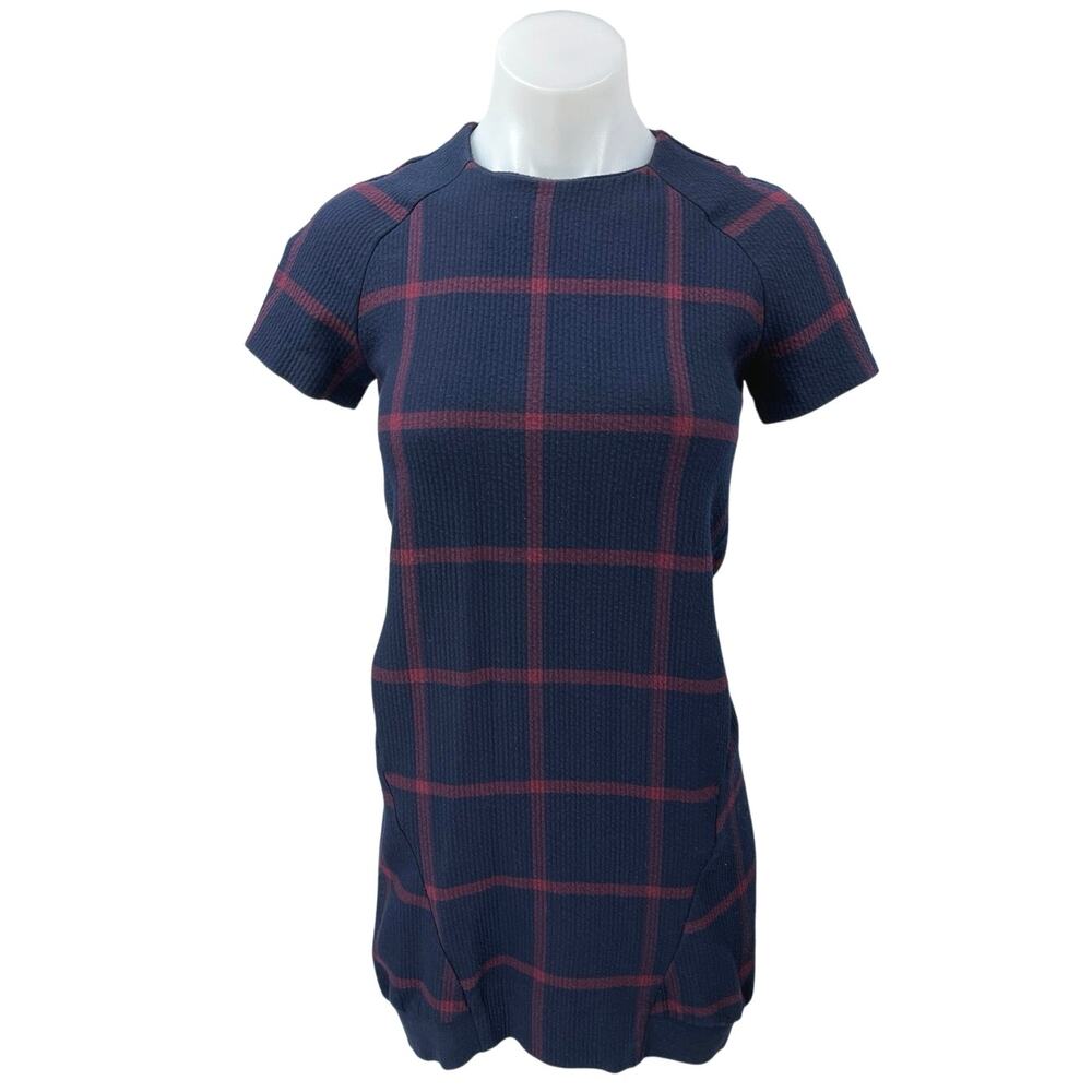 Zara Women's Blue Plaid Checkered Knit Short Sleeve Mini T-Shirt Dress Size XS